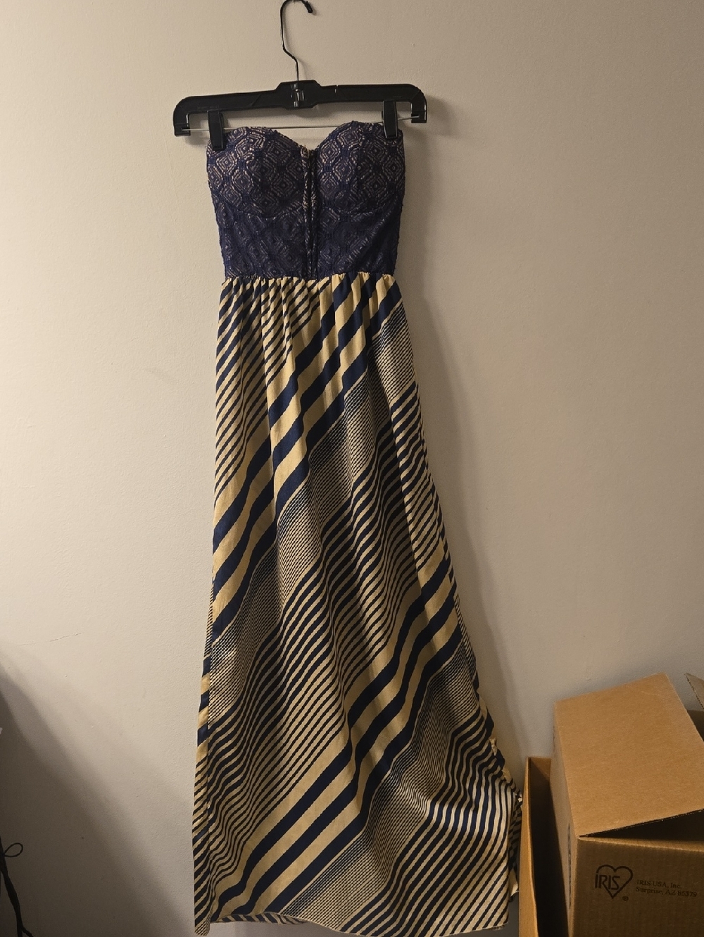 New Look Strapless Navy Lace Bodice with Cream & Navy Striped Maxi Skirt
